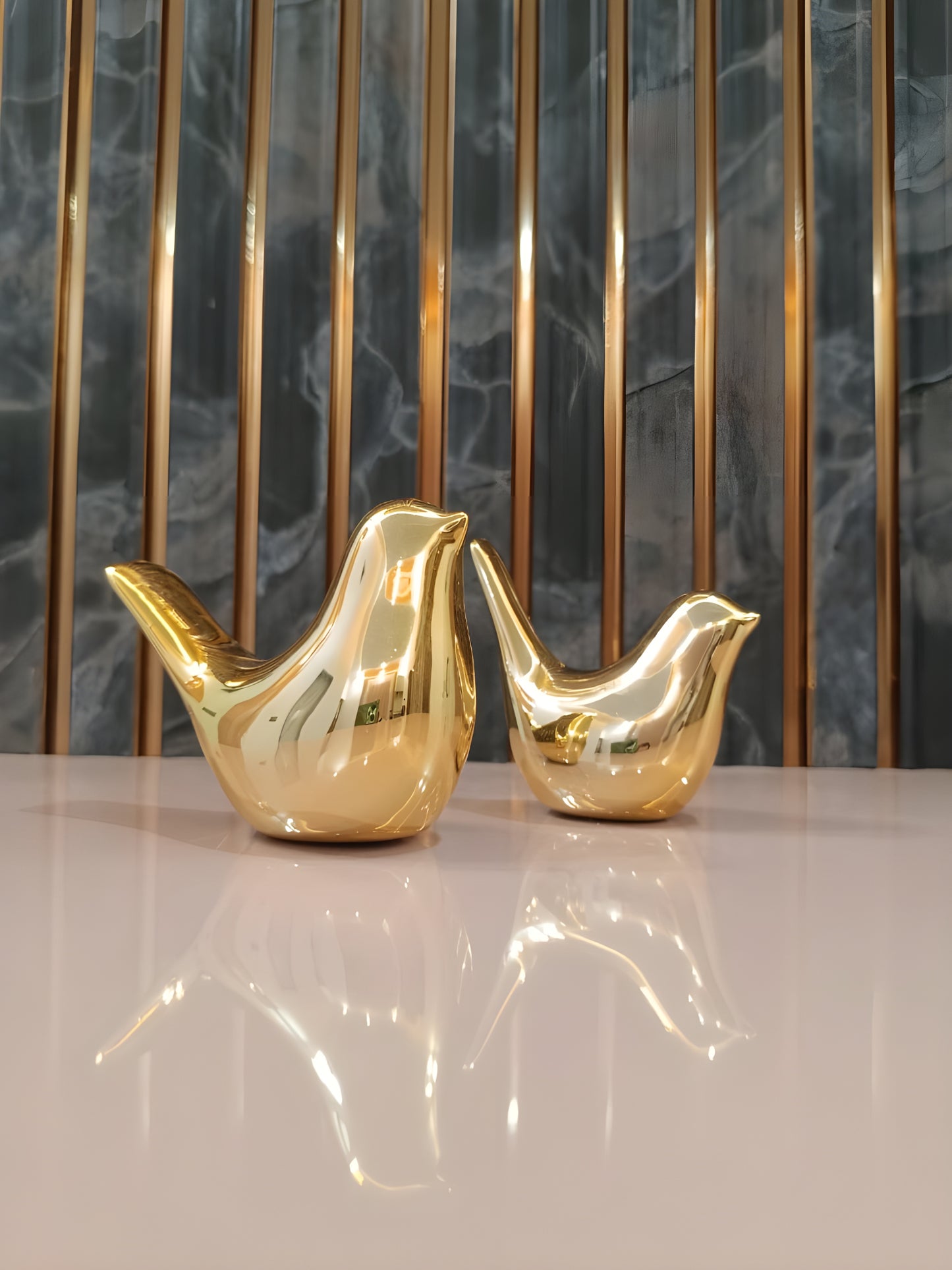 Golden Bird Statue Handmade Two Piece Ceramic Showpiece for Home & Desk Decor