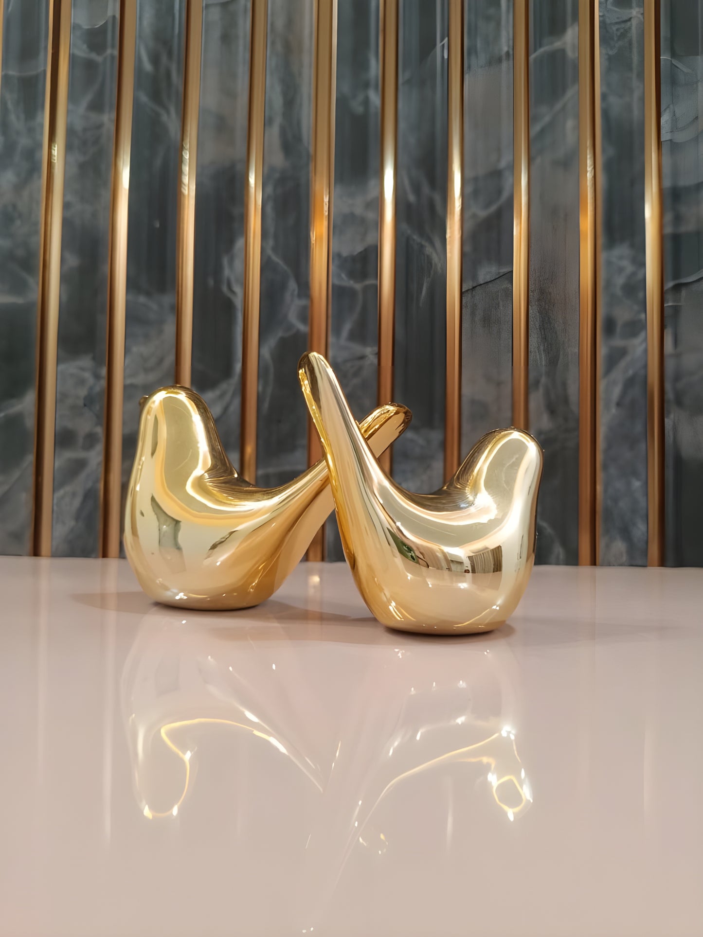 Golden Bird Statue Handmade Two Piece Ceramic Showpiece for Home & Desk Decor