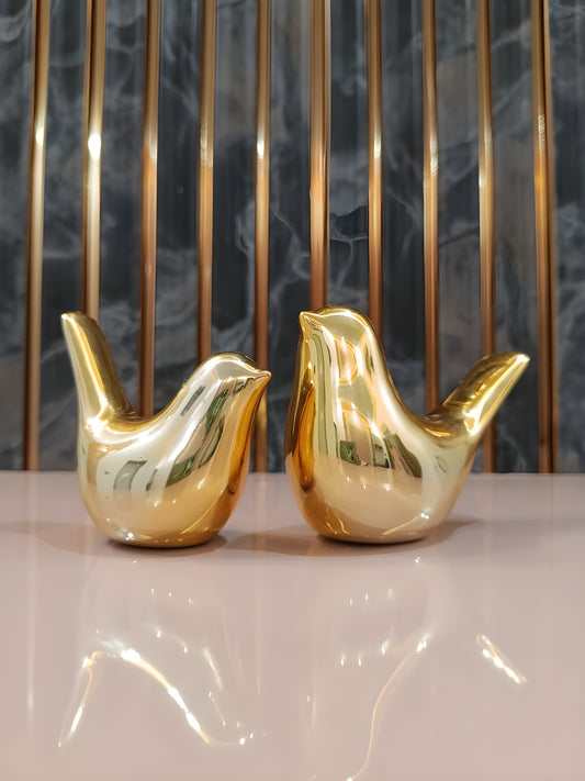 Golden Bird Statue Handmade Two Piece Ceramic Showpiece for Home & Desk Decor