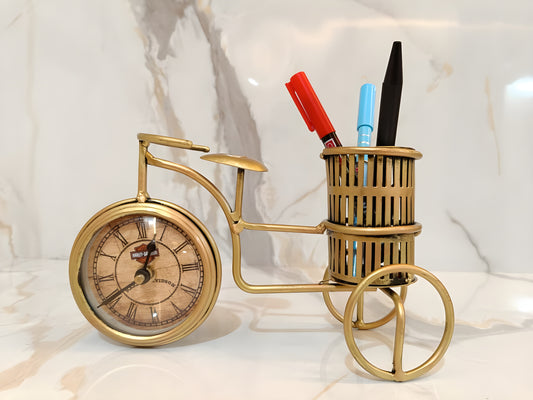 Vintage Antique Handcrafted Bicycle Clock Pen Holder Showpiece
