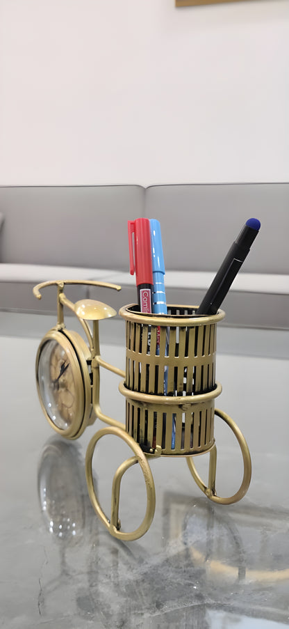 Vintage Antique Handcrafted Bicycle Clock Pen Holder Showpiece
