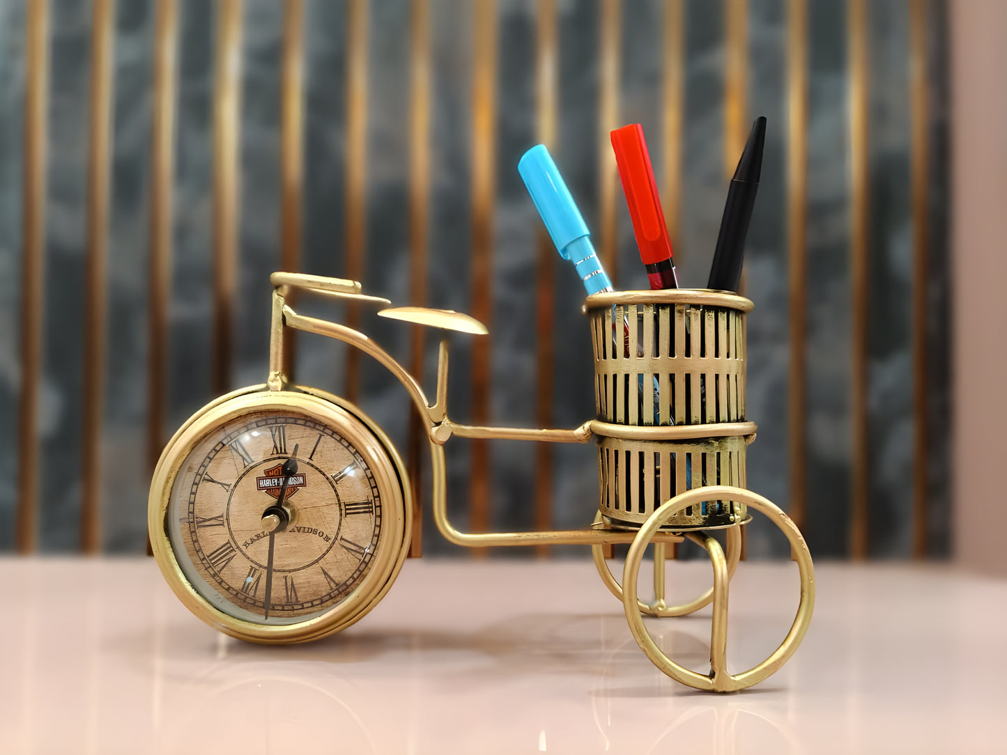 Vintage Antique Handcrafted Bicycle Clock Pen Holder Showpiece