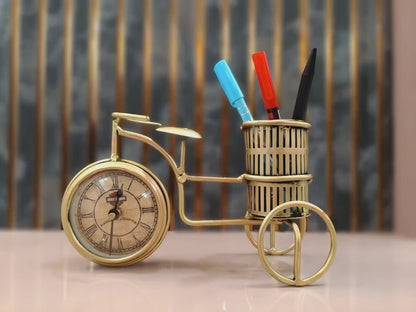 Vintage Antique Handcrafted Bicycle Clock Pen Holder Showpiece