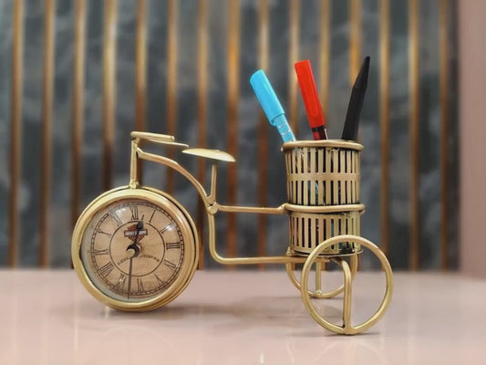 Vintage Antique Handcrafted Bicycle Clock Pen Holder Showpiece