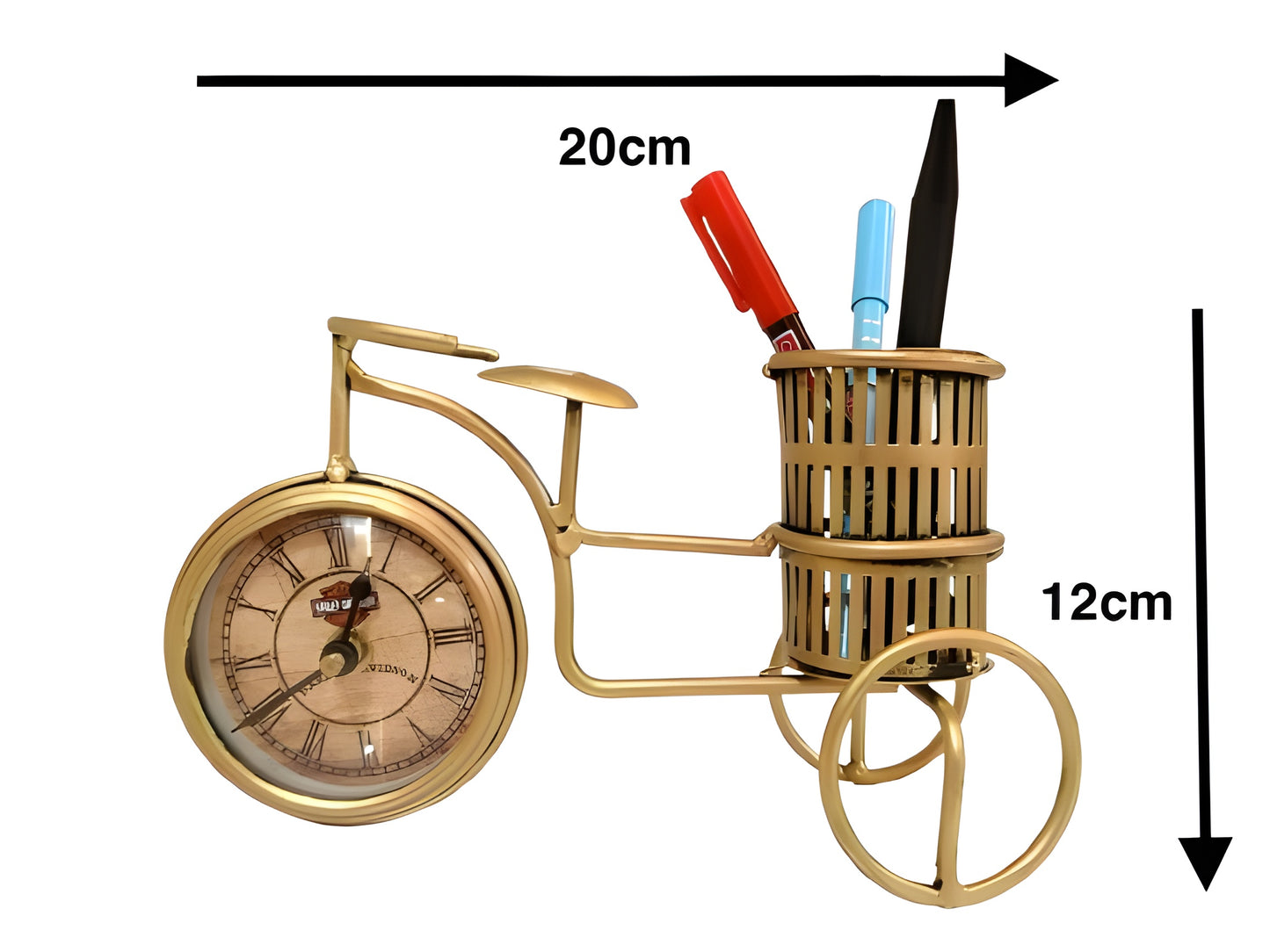 Vintage Antique Handcrafted Bicycle Clock Pen Holder Showpiece