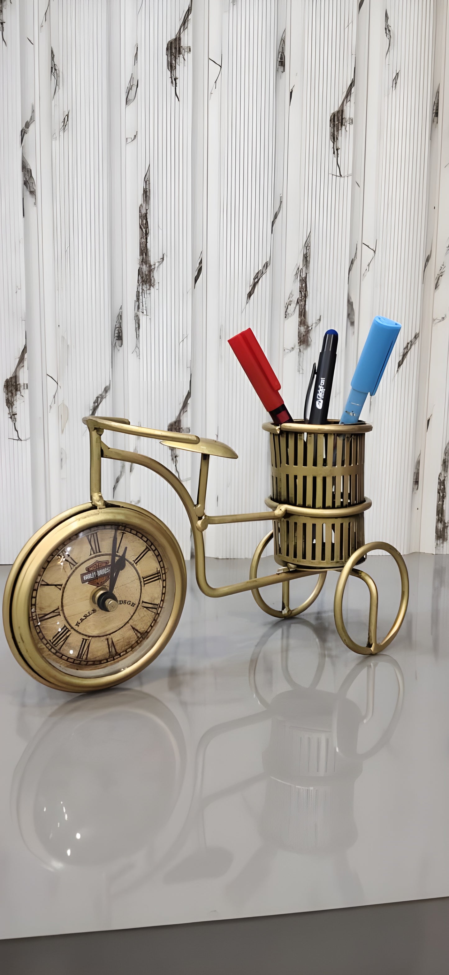 Vintage Antique Handcrafted Bicycle Clock Pen Holder Showpiece